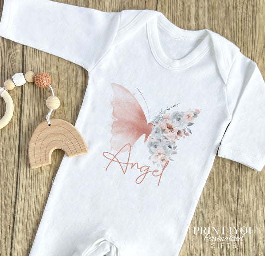 Personalised blush butterfly baby bib, printed with your chosen name.