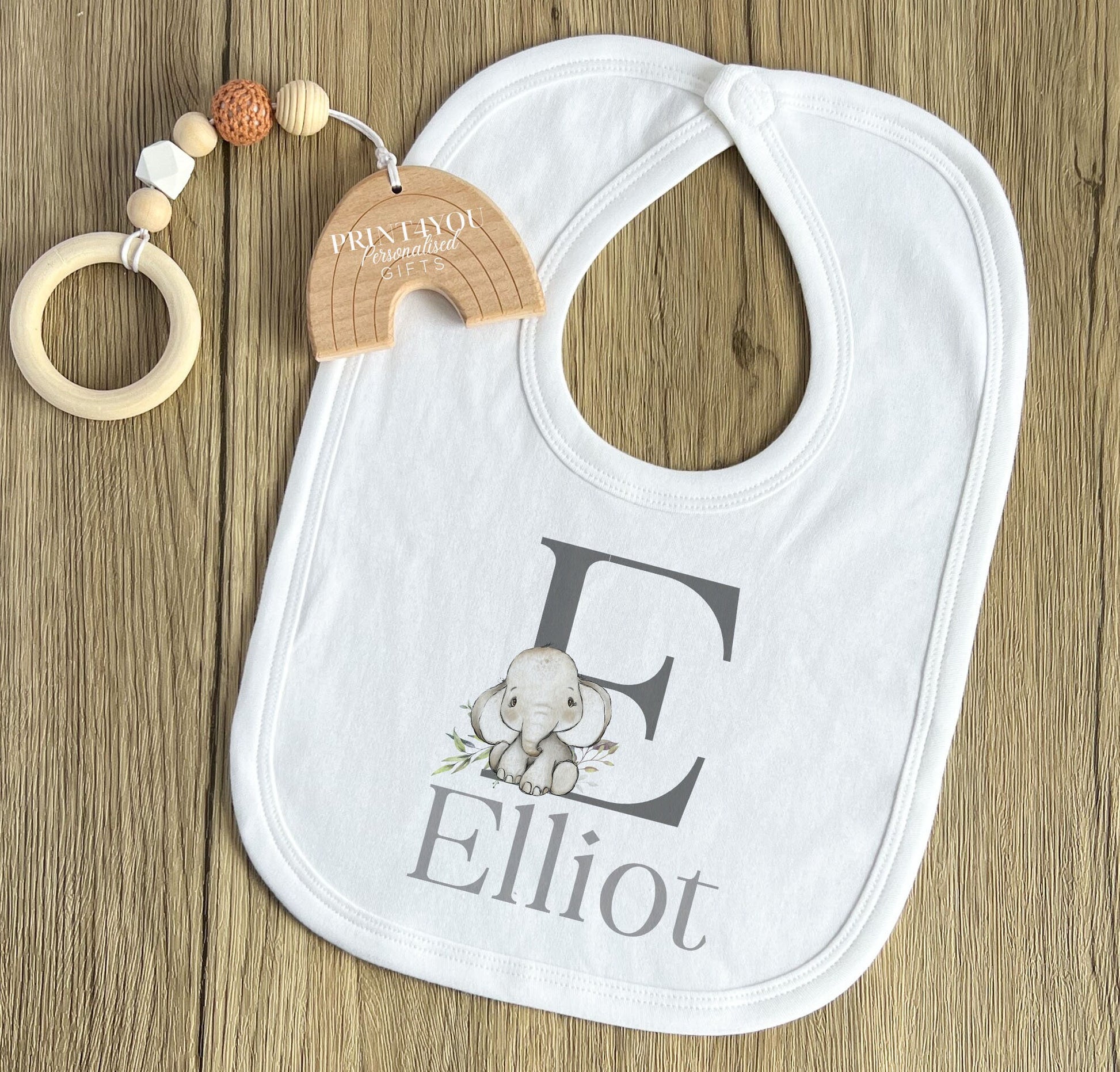 Personalised safari elephant vest with alphabet letter and baby's name.