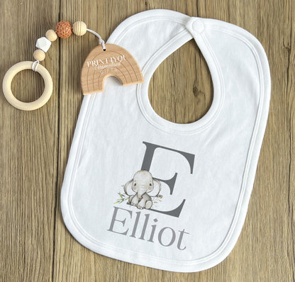 Personalised safari elephant vest with alphabet letter and baby's name.