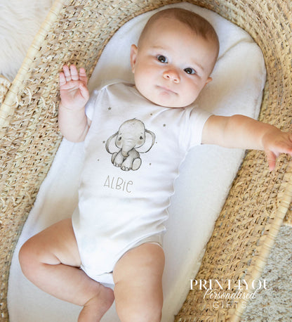 Personalised grey baby elephant new baby gift set, printed with your baby's name on soft cotton.