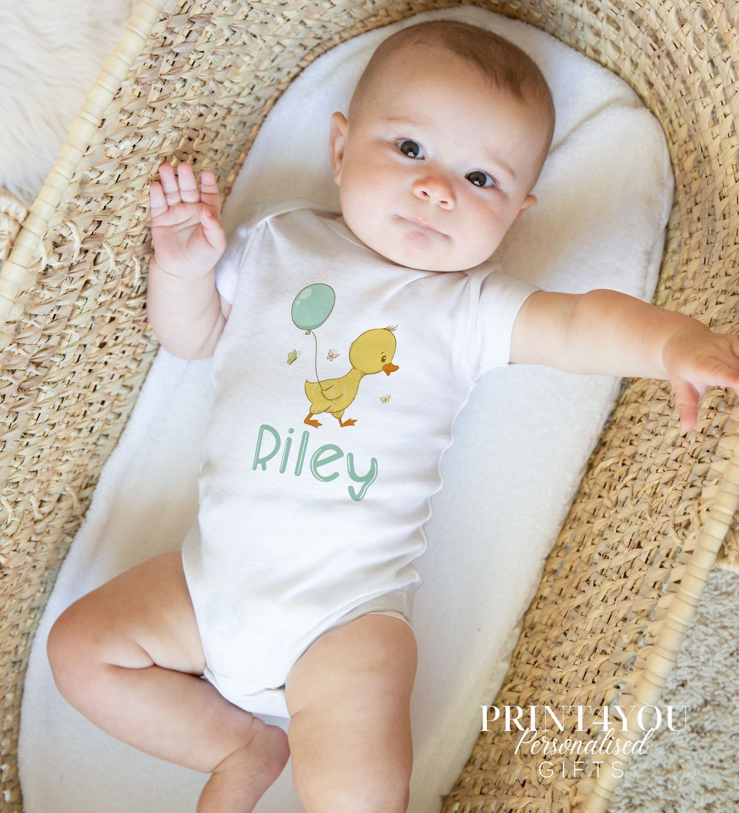 Personalised baby duck bib for a new baby gift set.