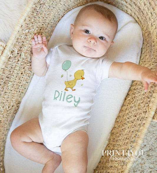 Personalised baby duck bib for a new baby gift set.