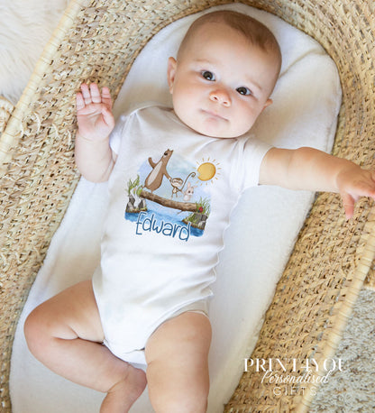 Personalised vest featuring the animals on a log print, in soft white cotton.