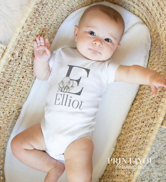 Personalised safari elephant alphabet bib for a new baby gift set.