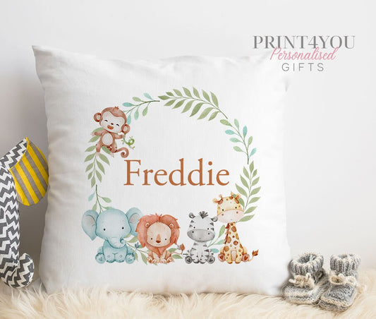 Personalised children's cushion cover printed with a jungle animal design, folded to show the zip closure.