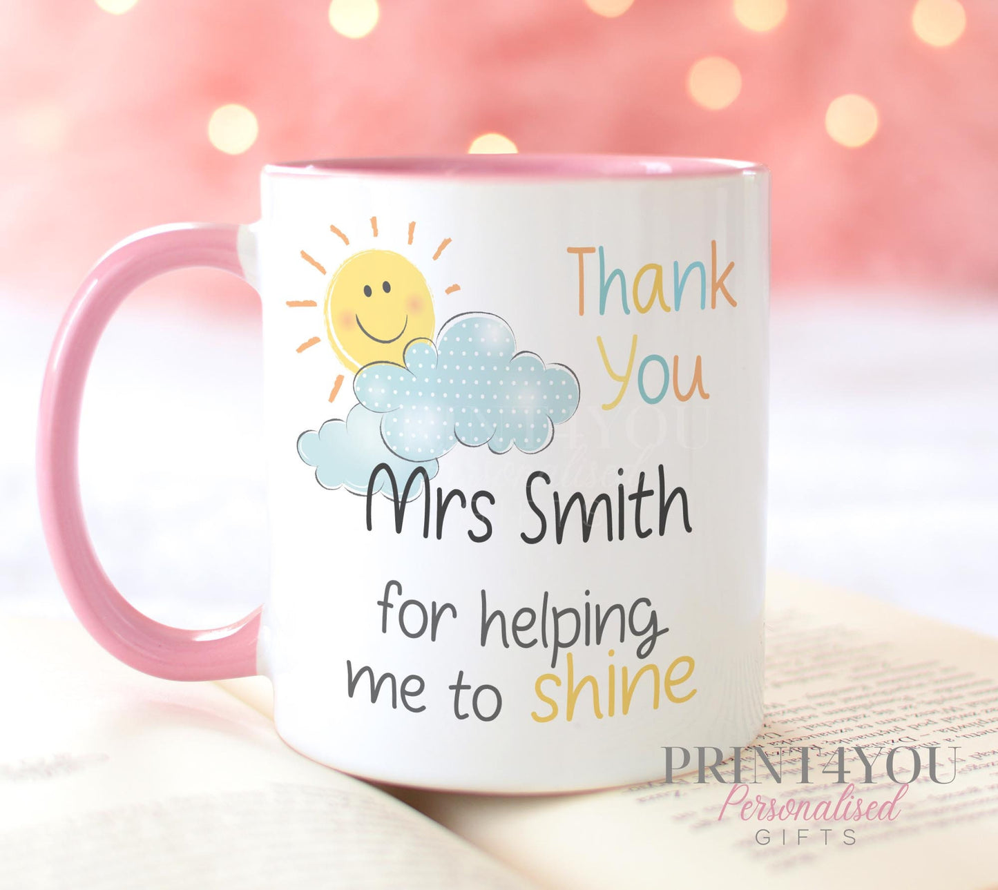 White ceramic mug printed with a sun and cloud design and a personalised thank you message
