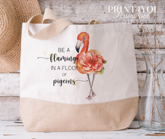Personalised Flamingo Tote Bag – Cotton Jute Shopper in Small & XL, Be a Flamingo in a Flock of Pigeons