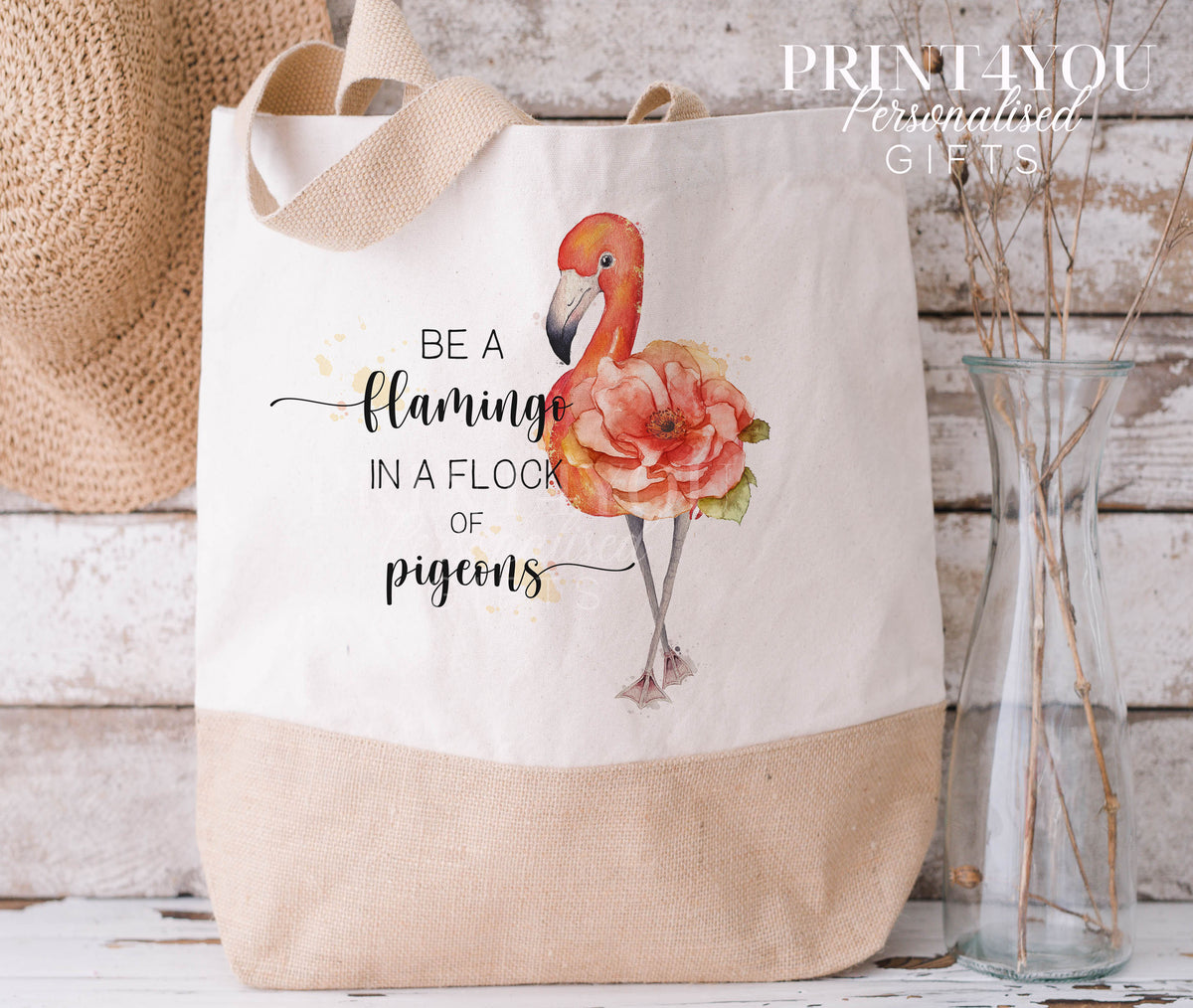 Flamingo Tote Bag – Cotton Jute Shopper in Small & XL, Be a Flamingo in a Flock of Pigeons – Product Photo