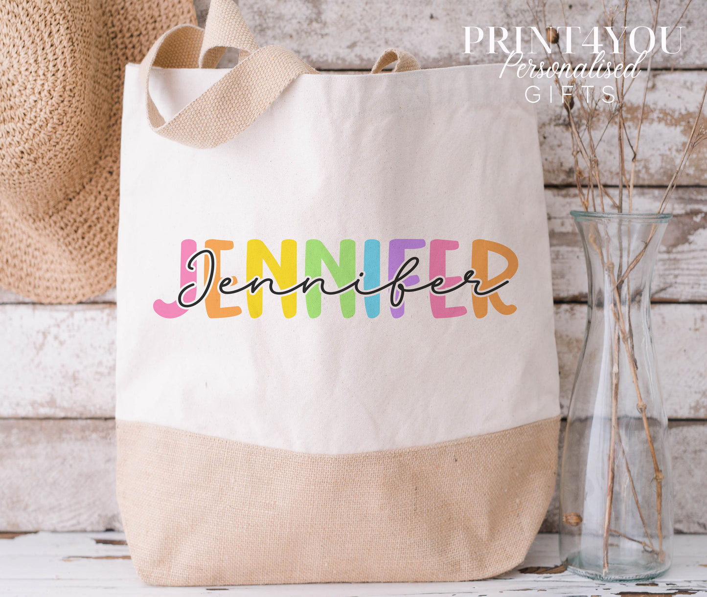 Personalised Holiday Beach Tote Bag – Cotton Jute Bag for Her in Medium & XL – XL