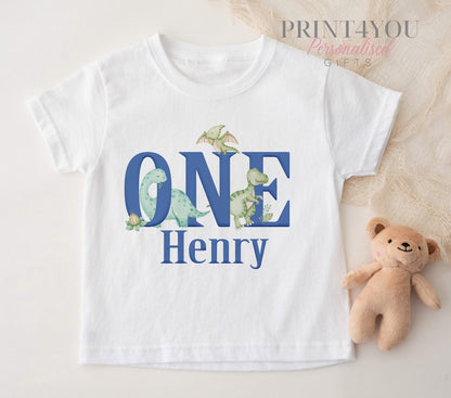 Cute dinosaur personalised 1st birthday baby vest, white cotton with custom name and number ONE print.