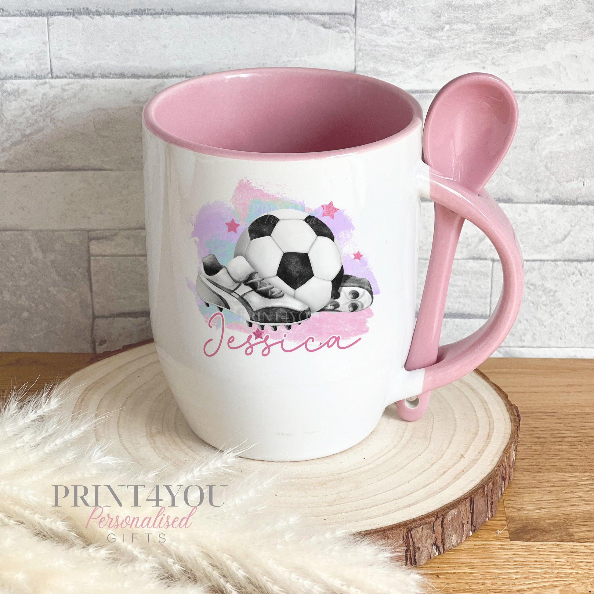 Personalised Ceramic Mug and Spoon Set – Pink or Blue Football Design - yes please