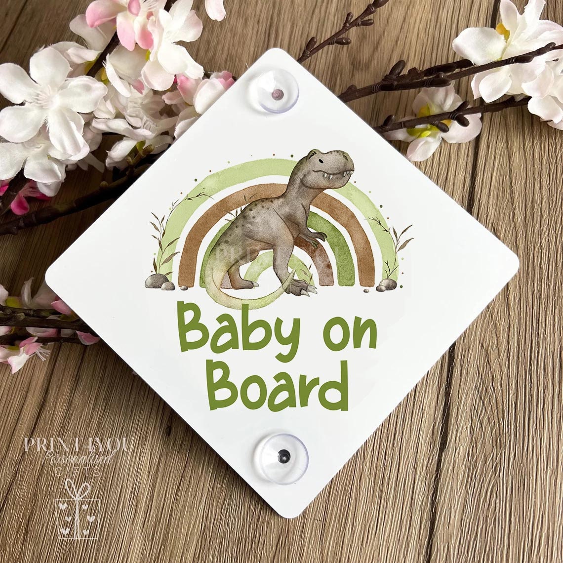 Baby on Board Aluminium Car Window Safety Sign – Polite Driver Notice – Kids Car Accessories – Green T – rex Dinosaur Rainbow - Yes