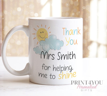 Pink handled ceramic mug printed with a sun and cloud design and a personalised thank you message