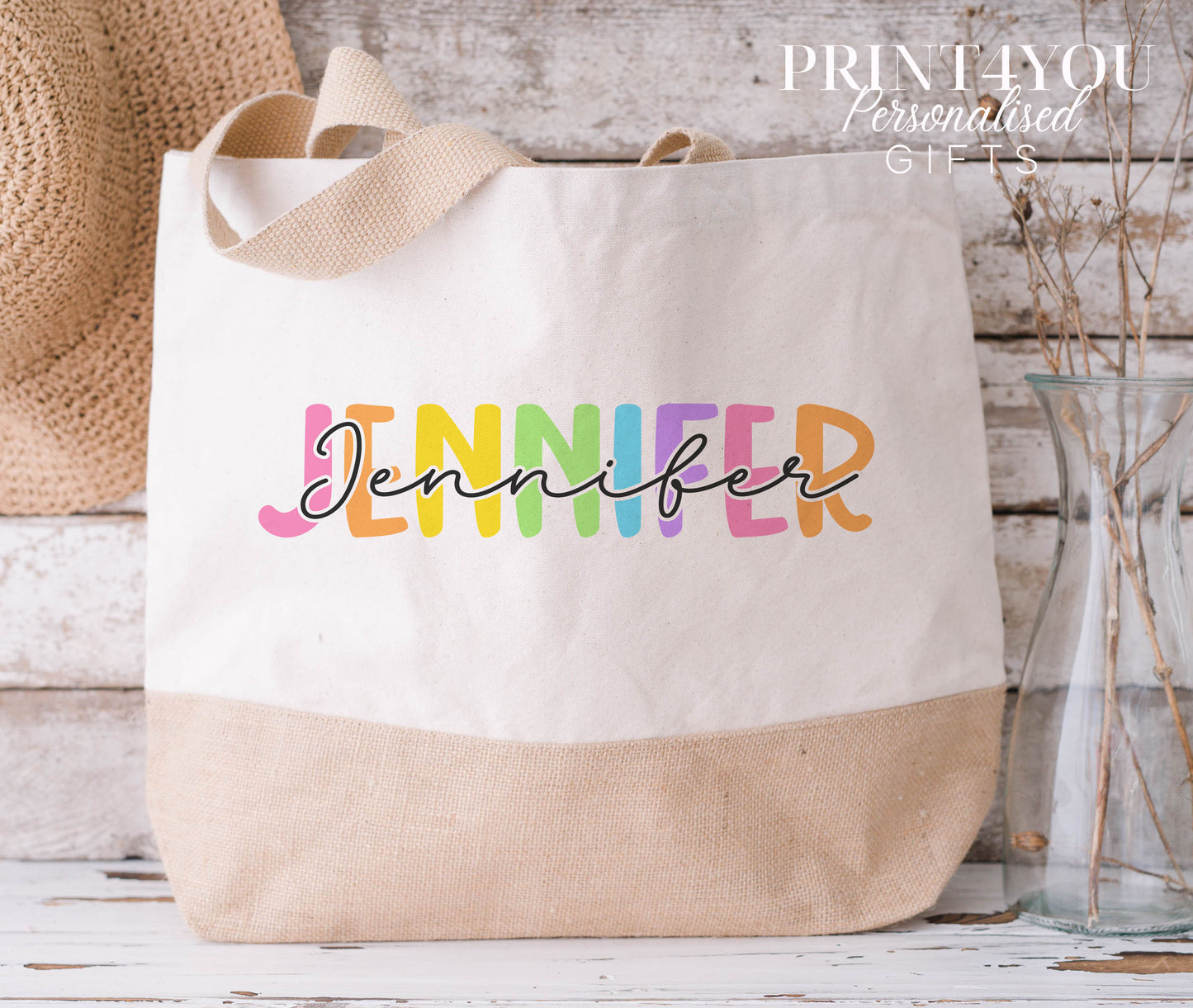 Personalised Holiday Beach Tote Bag – Cotton Jute Bag for Her in Medium & XL – Medium