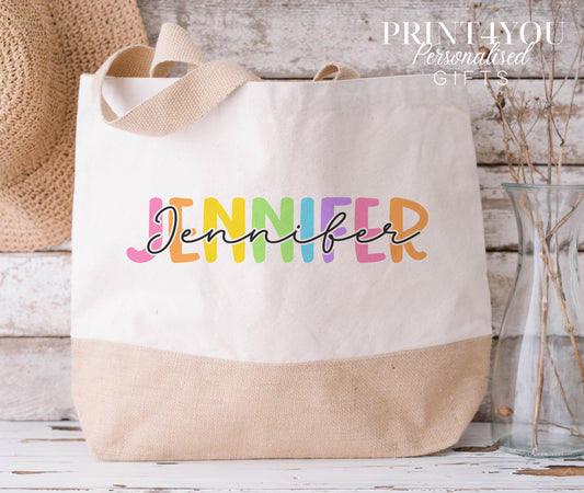 Personalised Holiday Beach Tote Bag – Cotton Jute Bag for Her in Medium & XL – Medium