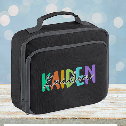 Rainbow insulated lunch cooler bag shown open, displaying the front zip pocket and interior.