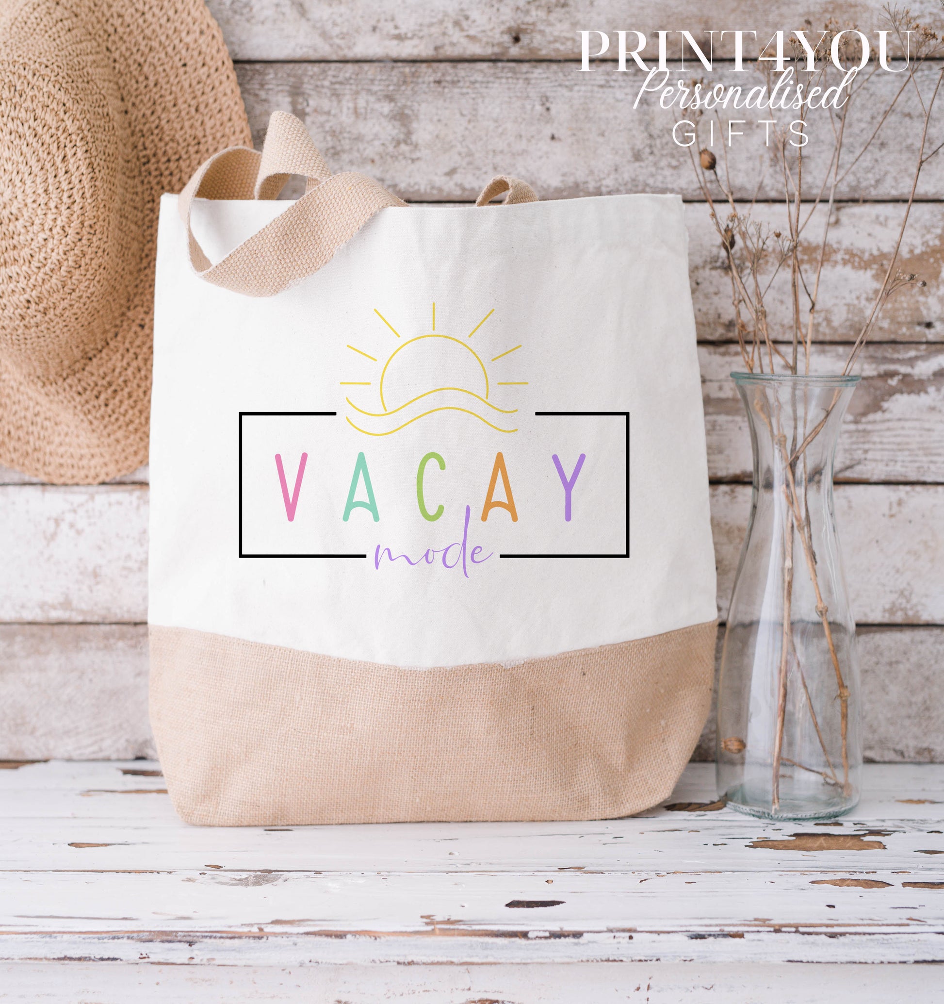 Vacay Mode Cotton Jute Tote Bag – Personalised Holiday Beach Bag, Positivity Quote Gift, Medium & XL – XL