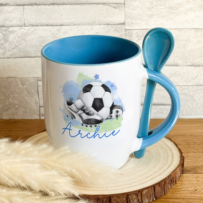 Personalised Ceramic Mug and Spoon Set – Pink or Blue Football Design - No thanks