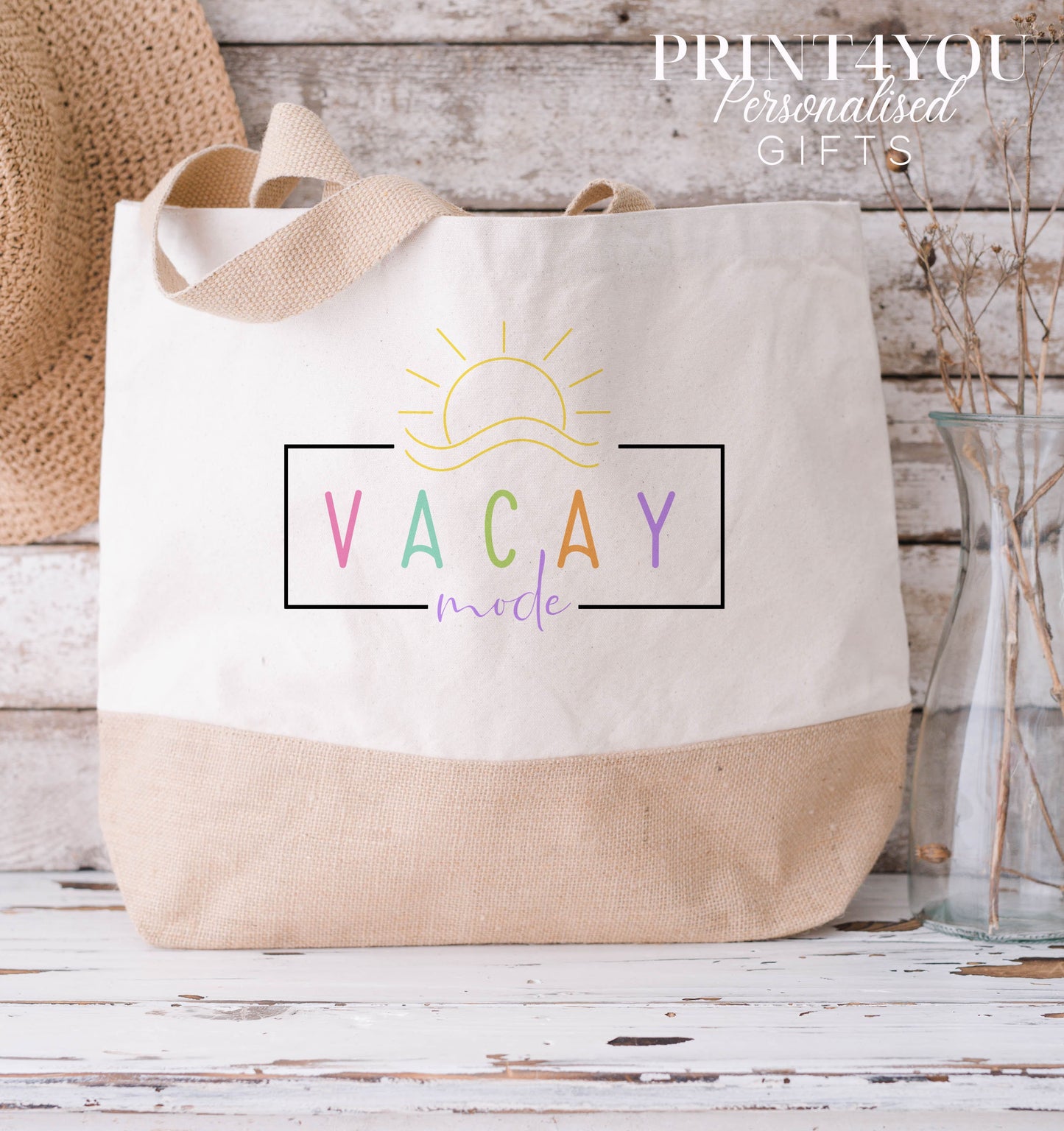 Vacay Mode Cotton Jute Tote Bag – Personalised Holiday Beach Bag, Positivity Quote Gift, Medium & XL – Medium
