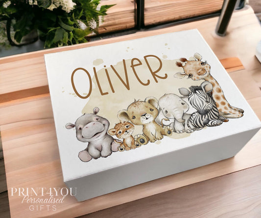 White magnetic-close personalised keepsake box with a custom name printed on the lid, medium size