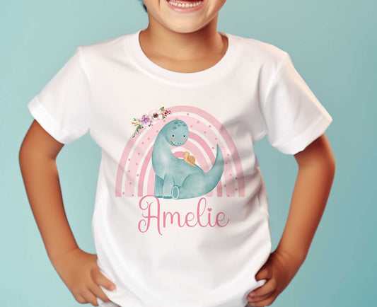 Children's White Cotton Personalised T – shirt – Pink Rainbow with dinosaur - 6-12 months  T-shirt