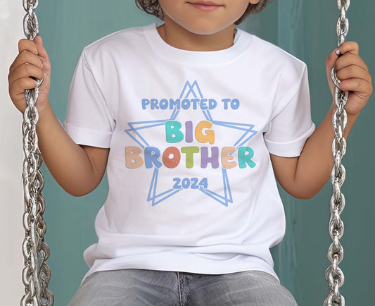 Promoted to Big Brother Star Design White Cotton T – Shirt – Pastel Colours - 6-12 months  T-shirt