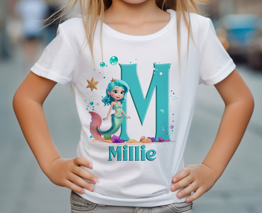 Personalised Mermaid Birthday T – Shirt – Cotton White Top, any number any age, Teal letter mermaid - 6-12 months  T-shirt