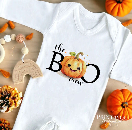 Personalised Halloween Boo Crew baby bib, printed with your baby's name on soft white cotton.