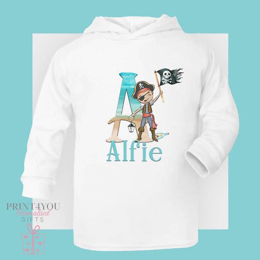 White hooded children's t-shirt printed with a pirate boy design, a beach-themed letter 'A' and the personalised name 'Alfie'