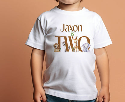 Personalised Safari Birthday T – Shirt I am TWO Cotton White Top, Safari themed party - T-shirt 2-3yrs