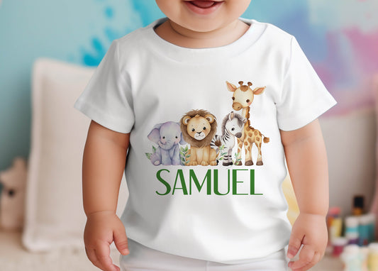 Children's White Cotton Personalised T – shirt – Jungle Safari Animals - 6-12 months  T-shirt