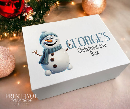 Christmas Eve Personalised Gift Box, xmas keepsake box, Magnetic closed white box, Cute Snowman - Small 12x16x6.5 cm