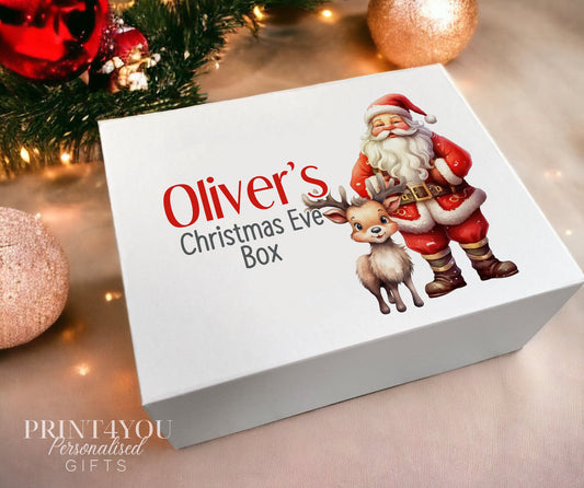 Personalised Christmas Gift Box – Magnetic White Keepsake Box With Santa & Reindeer Design - Small 12x16x6.5 cm