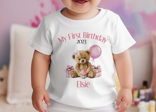 Personalised Pink Teddy Bear first birthday bib with a custom name and teddy bear design.
