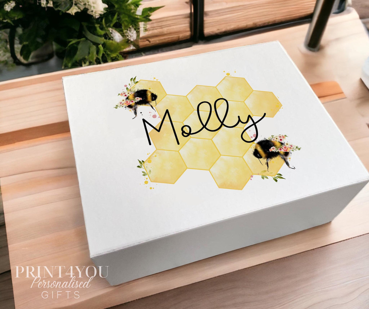 Personalised white honeycomb bumble bee keepsake box with magnetic lid, medium size 16x20x8cm