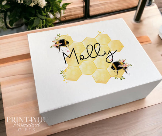 Personalised white honeycomb bumble bee keepsake box with magnetic lid, medium size 16x20x8cm