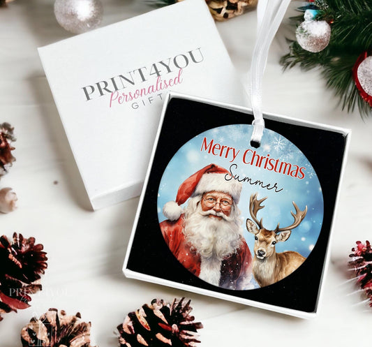 Personalised Ceramic Bauble – Traditional Father Christmas & Reindeer Holiday Ornament - Yes Please