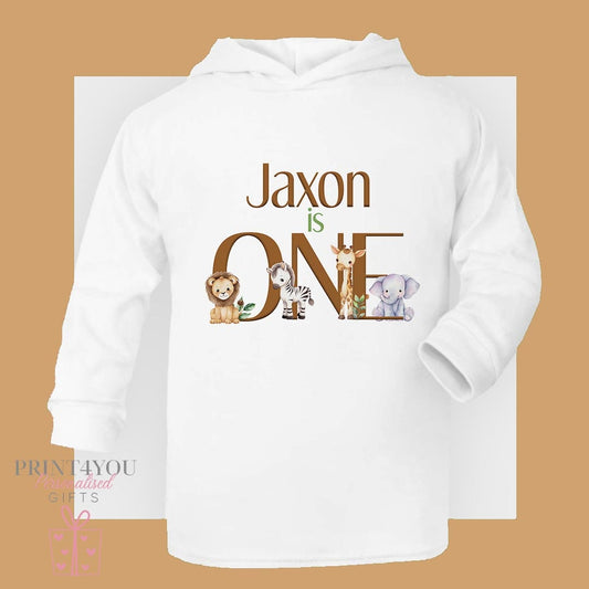 Safari birthday personalised hooded long sleeve top for babies, size 6-12 months, printed with a custom name.