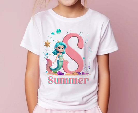 Personalised Mermaid Birthday T – Shirt – Cotton White Top, any number any age, Pink letter mermaid - 6-12 months  T-shirt