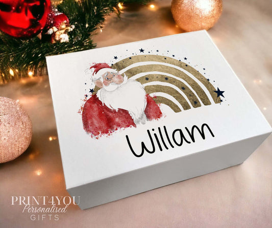 Christmas Eve Personalised Gift Box, xmas keepsake box, Magnetic closed white box, Santa and gold effect rainbow - Small 12x16x6.5 cm