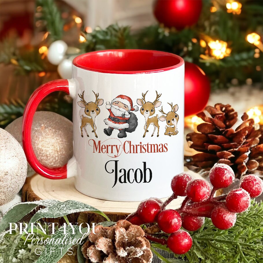 Santa And Reindeers Personalised White mug Christmas stocking filler gift red handle - Plain White Mug