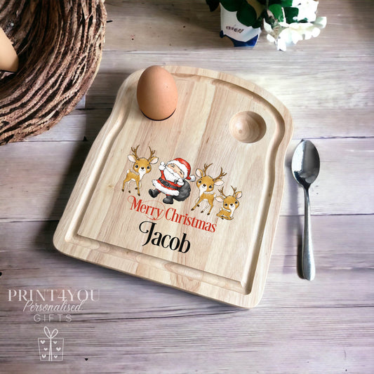 Personalised Wooden Egg Breakfast Board – UV Printed Egg Serving Platter – Kitchen Gift. Christmas Santa and Reindeers, Gift for kids.