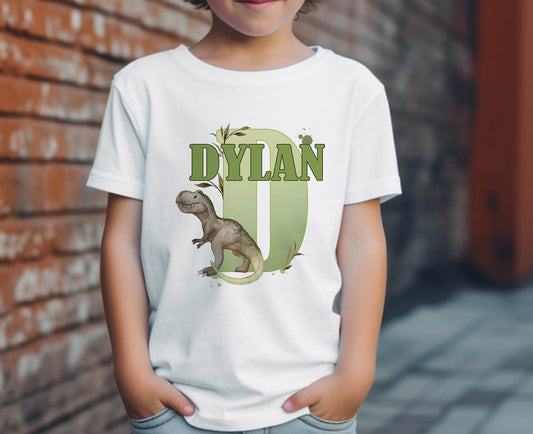 Children's White Cotton Personalised T – shirt – Dinosaur T – Rex Alphabet Dino - 6-12 months  T-shirt