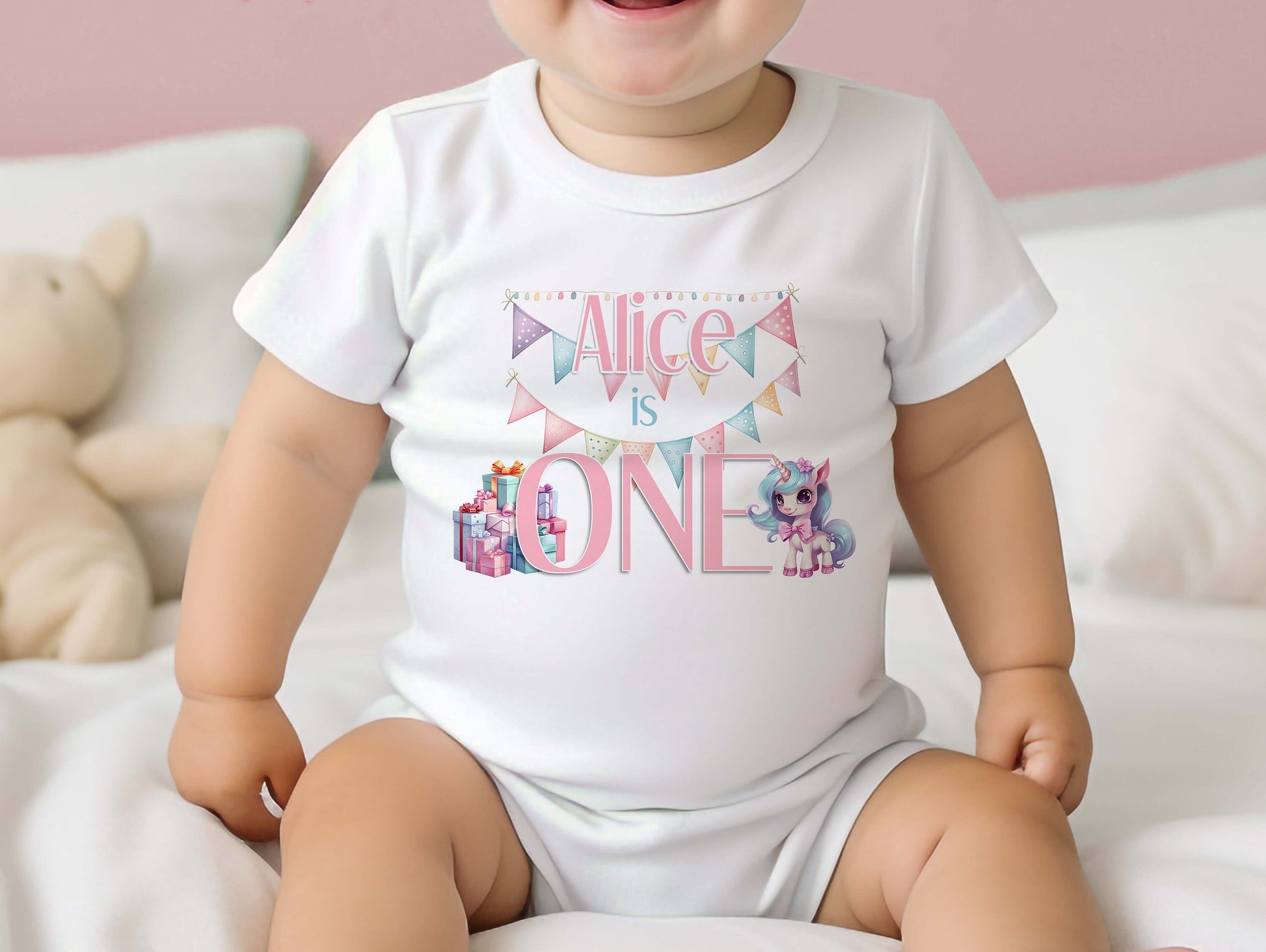 Close-up of the Unicorn first birthday print showing the pastel unicorn design and personalised name.