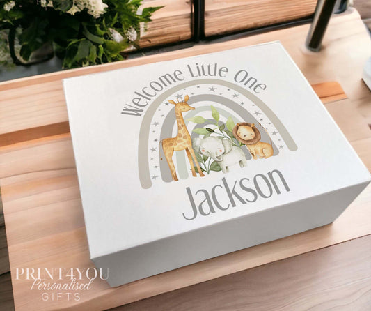 White sturdy card personalised baby keepsake box with magnetic closure, printed with a grey rainbow and watercolour giraffe, elephant and lion, 'Welcome Little One' and the name Jackson, Medium size.
