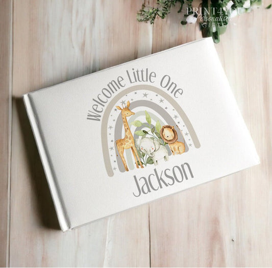 Personalised Luxury Padded Guest Book with UV Printed Grey Rainbow and Safari Animals – New Baby Keepsake