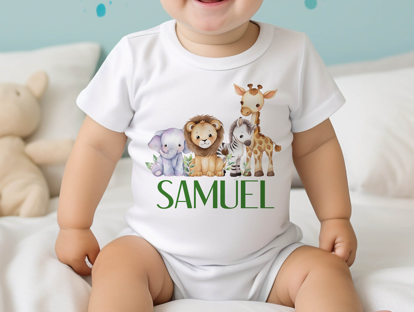 Personalised safari jungle baby vest in soft white cotton