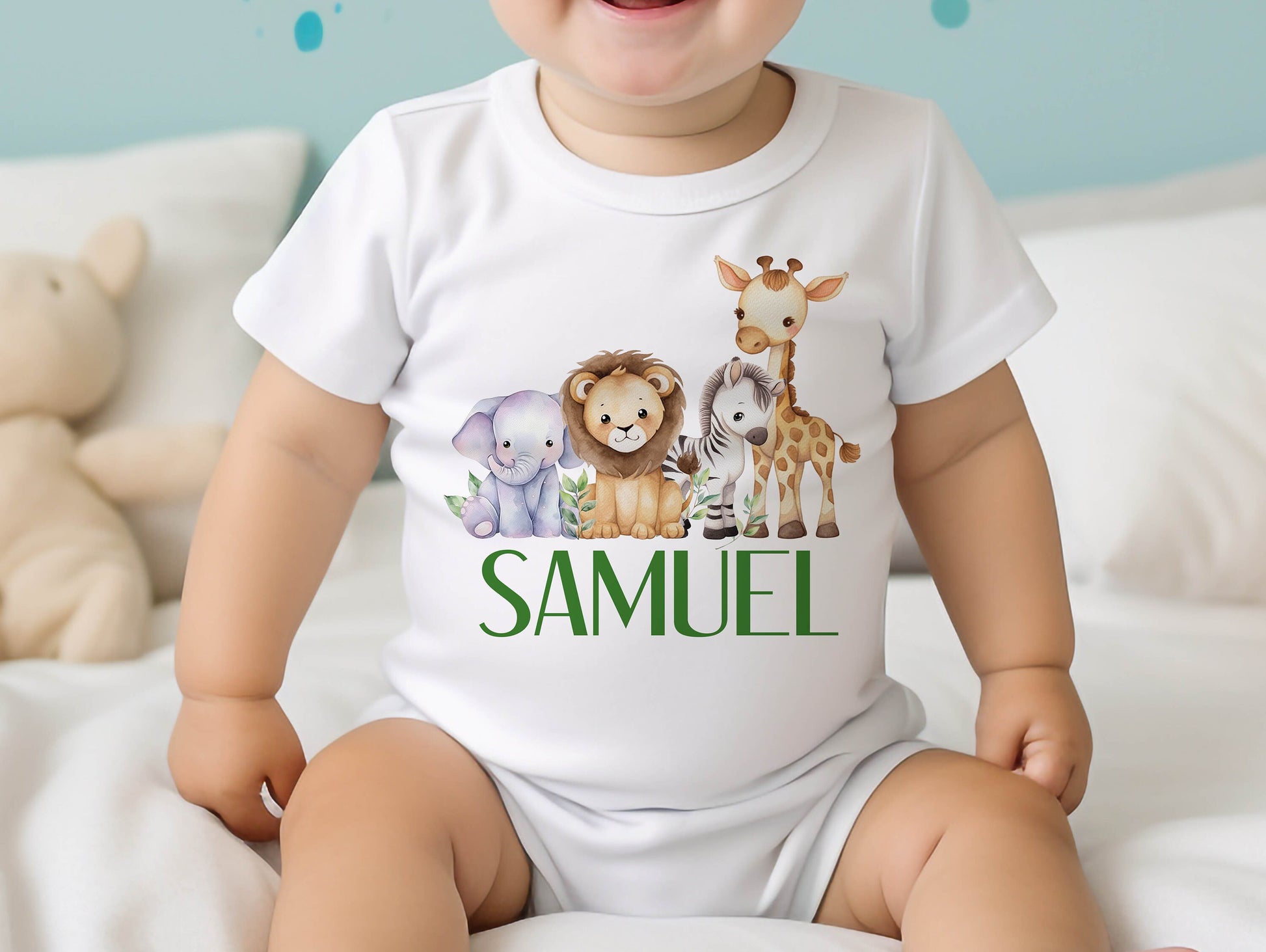 Personalised safari jungle baby vest in soft white cotton