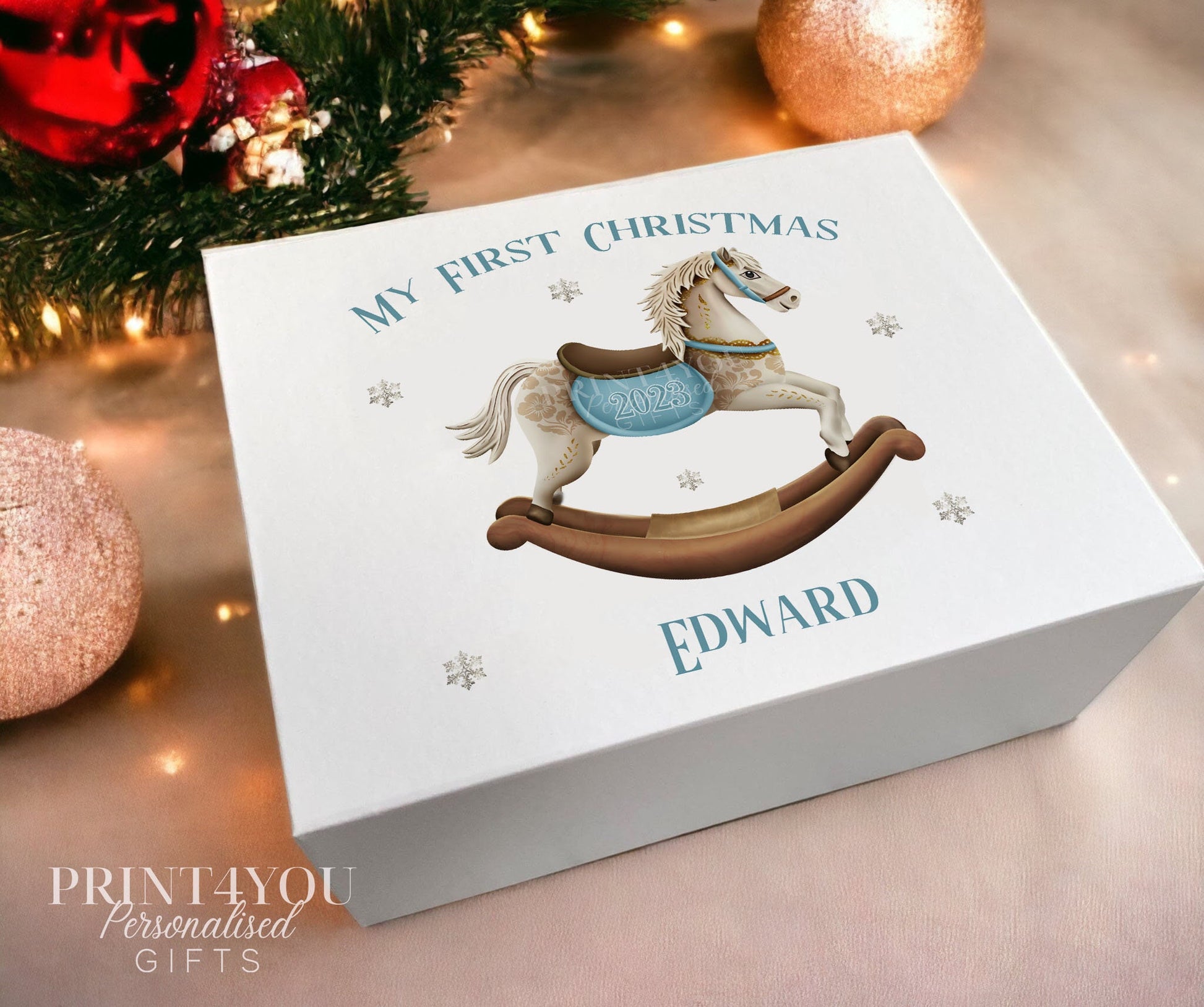 Christmas Eve Personalised Gift Box, Babies First xmas keepsake box, Magnetic closed white box, Blue Rocking Horse - Small 12x16x6.5 cm