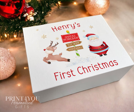 Christmas Eve Personalised Gift Box, Babies First xmas keepsake box, Magnetic closed white box, North Pole Santa - Small 12x16x6.5 cm